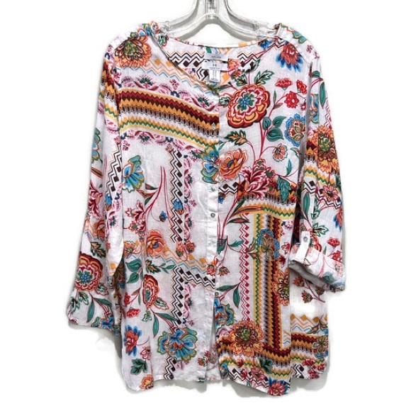 H Halston Heritage Linen Multicolor Boho Floral Button Front Top Blouse - Picture 6 of 6